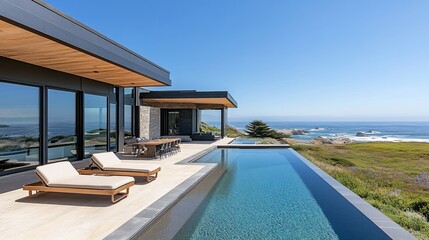 Fototapeta premium Oceanfront home with infinity pool and expansive deck
