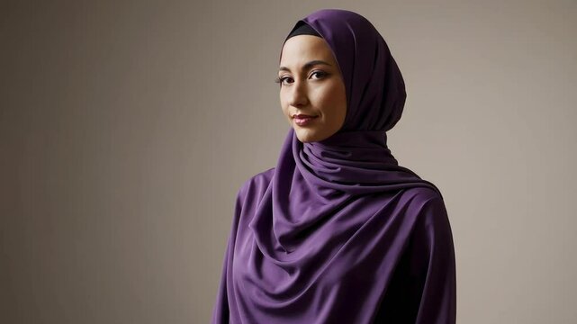 Stylish portrait of a confident woman wearing a purple hijab against a neutral background, expressing dignity and elegance.