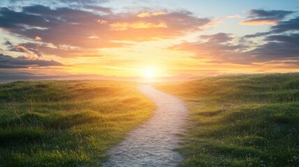Sunset Path Leading to the Bright Sun in a Green Field