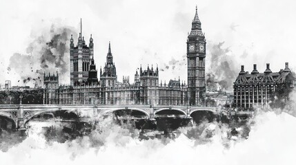 Fototapeta premium Monochromatic Majesty: A Watercolor Impression of London's Iconic Houses of Parliament and Big Ben