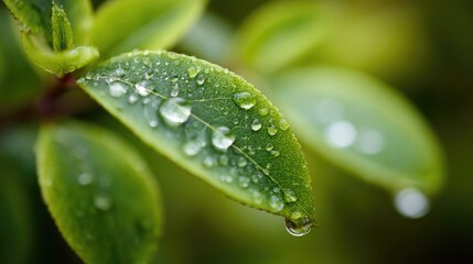 Fresh green leaf with glistening water droplets, a symbol of nature's delicate beauty