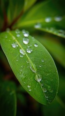 Fototapeta premium Fresh green leaf with glistening water droplets, a symbol of nature's delicate beauty
