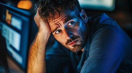 Stressed man working late at night looking worried and overwhelmed by deadlines