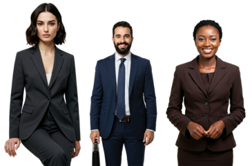 Diverse group of three young adult business professionals, two women and one man, wearing formal suits and smiling against a transparent background.