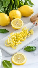 Lemon zest being prepared on a marble cutting board  Fresh lemons and  green leaves surround the zested lemons