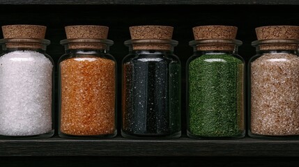 Five glass jars with cork lids filled with colorful spices and seasonings are displayed in a row on a dark shelf.