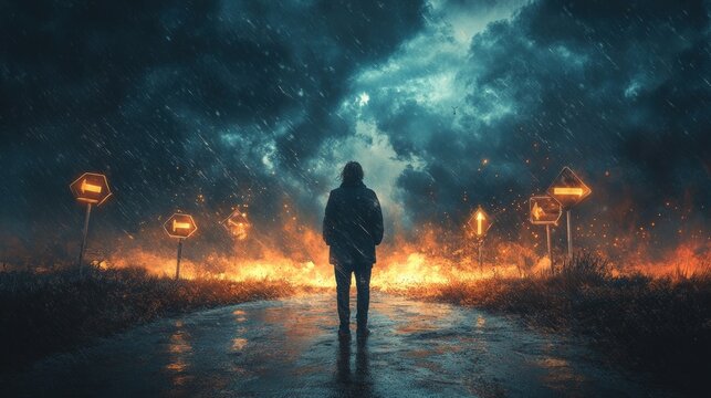 A solitary figure confronts a stormy, fiery road