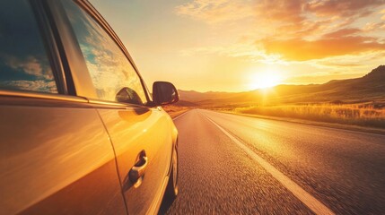 Capture the essence of freedom with this beautiful sunset drive beside a serene open road, framed by majestic mountains under a vibrant sky.