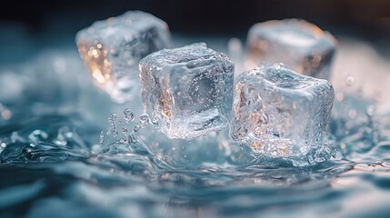 Obraz premium Clear ice cubes in water. Light reflects off the cubes and surrounding liquid