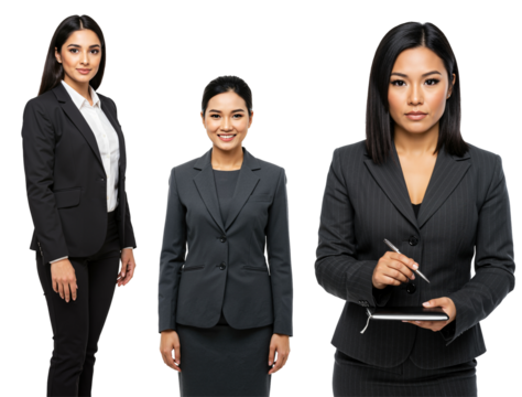 Three diverse adult businesswomen in professional suits standing against a transparent background, one holding a pen and notebook, representing corporate success and teamwork.