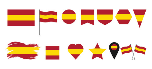 
Various   Spain flag set on pole, table flag, mark, star badge and different shapes badges. Patriotic   Spain  flag sticker

