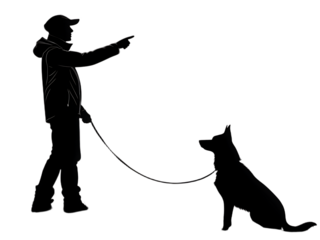 Silhouette of a man pointing with a dog sitting on a leash in a black and white illustration