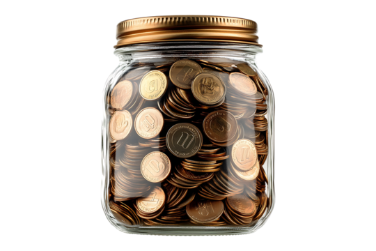 Glass jar full of coins isolated on transparent background
