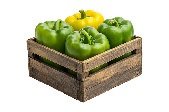 Green bell pepper in a wooden cerate isolated on transparent background
