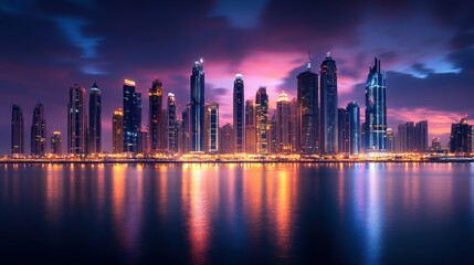 Fototapeta premium Dubai Marina Skyline at Twilight: A Breathtaking Panorama of Modern Architecture and City Lights Reflecting on Calm Waters