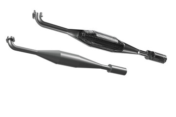 Cross-Section of a Motorcycle Silencer Showing Noise Reduction Components, Detailed Structure of a Motorcycle Exhaust System Interior, motorbike, bike, Internal View on a PNG Transparent Background