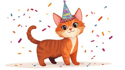 Animated ginger cat in party hat amidst confetti.