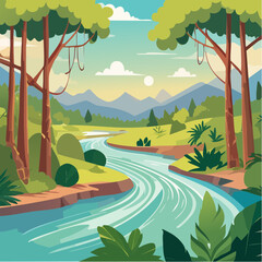 Naklejka premium Serene River Landscape: A picturesque illustration of a tranquil river meandering through a lush green valley, nestled amidst towering trees and majestic mountains under a serene sky.