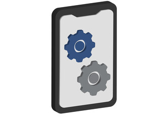 A simple 3D illustration of a iicon of phone with two gears on it.