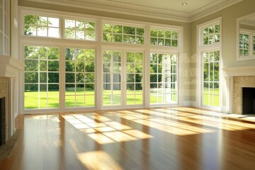 Fototapeta premium Interior with Hardwood Flooring, Fireplaces, Large Windows Overlooking Green Landscape