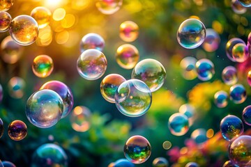 Bubbles floating in sunlit garden childhood nostalgia and joyful moment with bokeh background