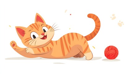 Fototapeta premium Playful orange tabby kitten chasing a ball of yarn.
