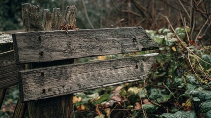 Naklejka premium Weathered Wooden Signboard Amidst Overgrown Plants in a Serene Natural Setting