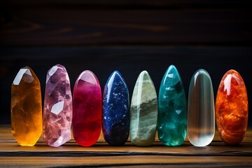 Polished Chakra Crystals Arranged in Row on Wooden Surface - Chakra Healing Stones