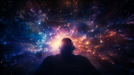 Human Silhouette Facing Expanding Galaxy in Cosmic Awakening