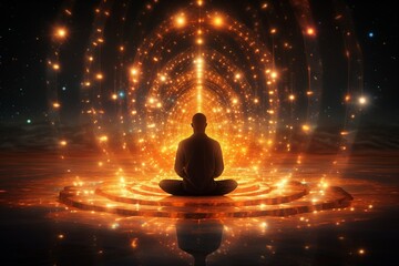 Meditating Figure Surrounded by Radiant Golden Light Waves - Glowing Meditating Silhouette