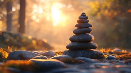 Obraz premium Balanced stones tower in a serene forest at dawn.