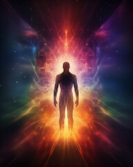 Abstract Human Figure Standing in Vibrant Energy Burst - Standing Human Silhouette with Energy Field