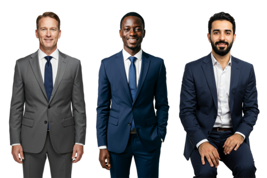 Studio portrait of three diverse adult businessmen wearing suits and ties, smiling confidently against a transparent background.