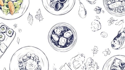 Overhead view of various hand-drawn culinary dishes.