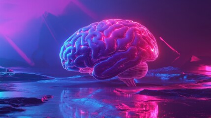 Obraz premium Neon Brain: A Mind Illuminated in a Surreal Landscape