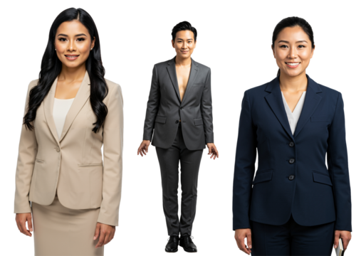 Three confident Asian businesswomen in professional suits standing against a black studio background, showcasing diverse corporate attire.