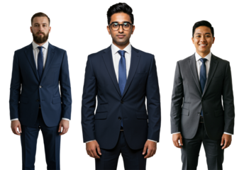 Three diverse adult businessmen in formal suits standing confidently against a transparent background, representing professionalism and corporate success.