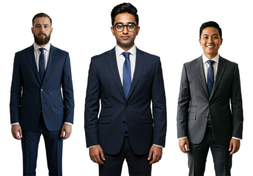 Three diverse adult businessmen in formal suits standing confidently against a transparent background, representing professionalism and corporate success.