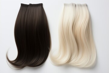 Dark Brown and Platinum Blonde Hair Extensions on White Background - Split Synthetic Hair Ends Close-Up