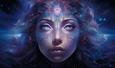 Surreal Cosmic Woman with Glowing Third Eye in Space Fantasy