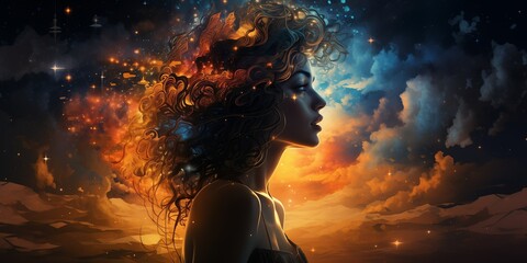 Surreal Woman with Cosmic Hair Blending into Sunset Skies