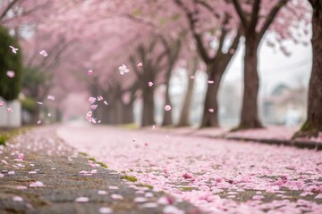 Dreamy Cherry Blossom Pathway Pink Petals Falling on a Soft Focus Background - generated by ai