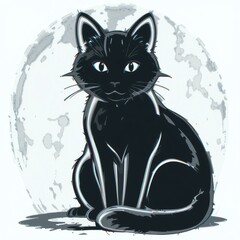 A charming black cat with striking eyes sits gracefully against a soft moonlit backdrop, embodying mystery and elegance.