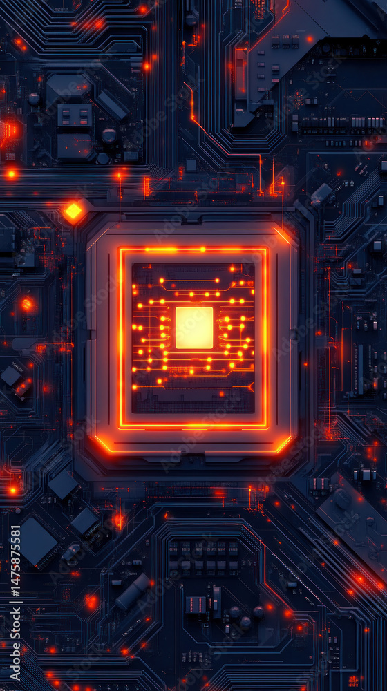 Poster a close up of a computer chip with a yellow light on it. the image is a digital rendering of a compu