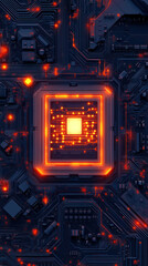 A close up of a computer chip with a yellow light on it. The image is a digital rendering of a computer chip, with the yellow light representing the processor. The image has a futuristic