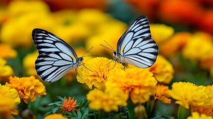 Obraz premium Two Beautiful Butterflies with Distinct Patterns Sitting on Vibrant Yellow Marigold Flowers in a Garden Setting