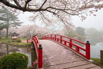 Dreamy Pathway Through Cherry Blossoms and a Red Bridge - generated by ai