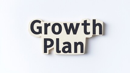 The words "Growth Plan" are printed in bold black letters on a wooden cutout placed on a white background.