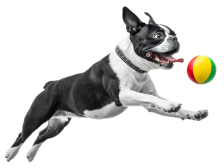 A boston terrier leaping towards a colorful ball with mouth open and tongue sticking out on  isolated on transparent background, Generative ai.