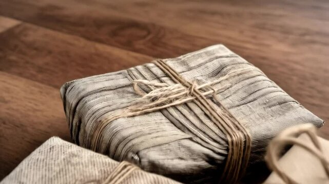 Three presents wrapped in fabric and twine on wooden floor, close up view highlighting organic and natural packaging materials